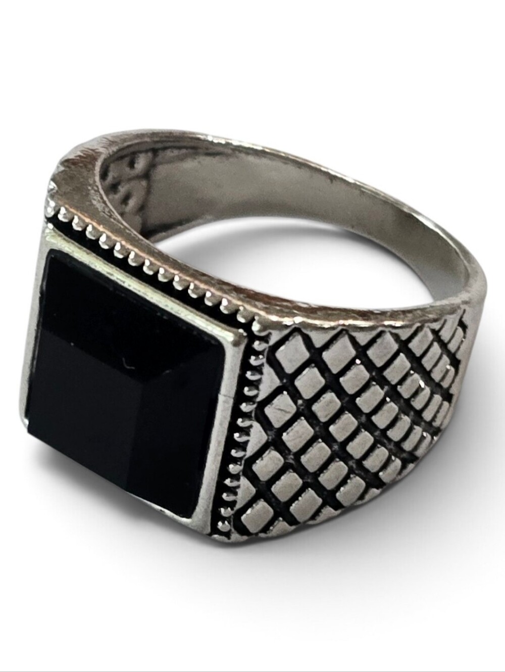 MENS NEW SIZE 8 BLACK OBSIDIAN BEZEL ENGRAVED SHANK GEOMETRIC  TITANIUM RING